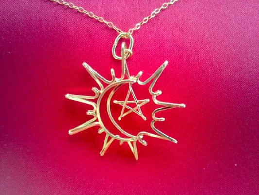 Sun-moon-star_gold-necklace-pendant, Forever Sun, Moon & Star, wire Pendant necklace