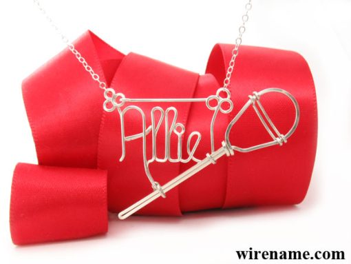 Lacrosse pendant, hanging number charm, personalized wire name necklace with lacrosse pendant in gold or silver wire