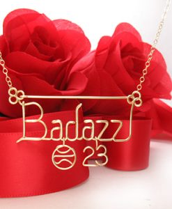 Basketball charm, hanging number pendant, personalized wire name necklace with basketball pendant in gold wire