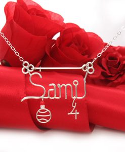 Basketball charm, hanging number pendant, personalized wire name necklace with basketball pendant in silver or gold wire