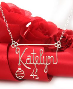 Basketball charm, hanging number pendant, personalized wire name necklace with basketball pendant in silver or gold wire