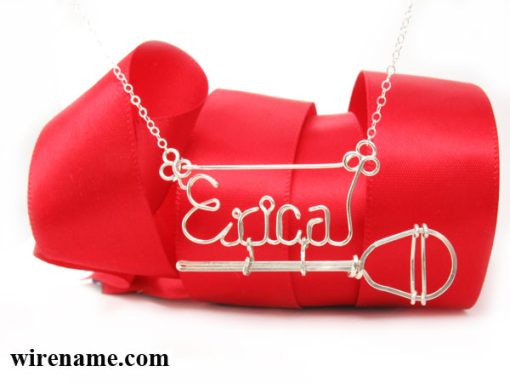 Lacrosse pendant, hanging number charm, personalized wire name necklace with lacrosse pendant in gold or silver wire