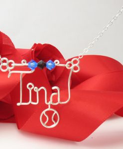 Softball charm, hanging number pendant, personalized wire name necklace with softball pendant in gold or silver wire