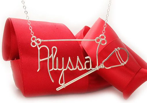 Lacrosse pendant, hanging number charm, personalized wire name necklace with lacrosse pendant in gold or silver wire