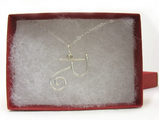 personalized wire initial necklace pendant R horizontal