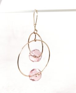 drop earrings two crosswise circles handmade dangle earrings with Pink Swarovski crystal beads
