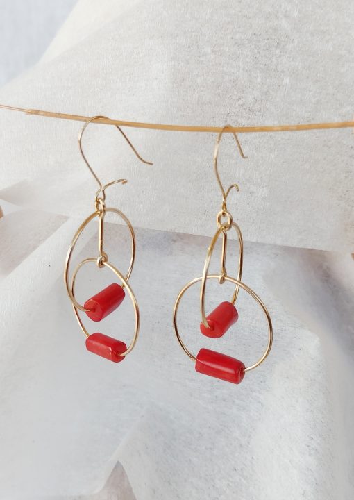 drop earrings two crosswise circles red coral