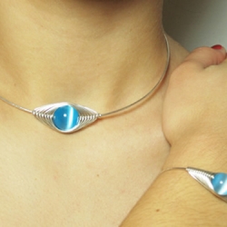 Blue_Choker and Bracelet in silver wire Blue_Choker and Bracelet in silver wire